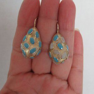 PEAR SHAPPED STERLING SILVER & TURQUOISE DANGLE EARRINGS SIGNED on BACK 1" H
